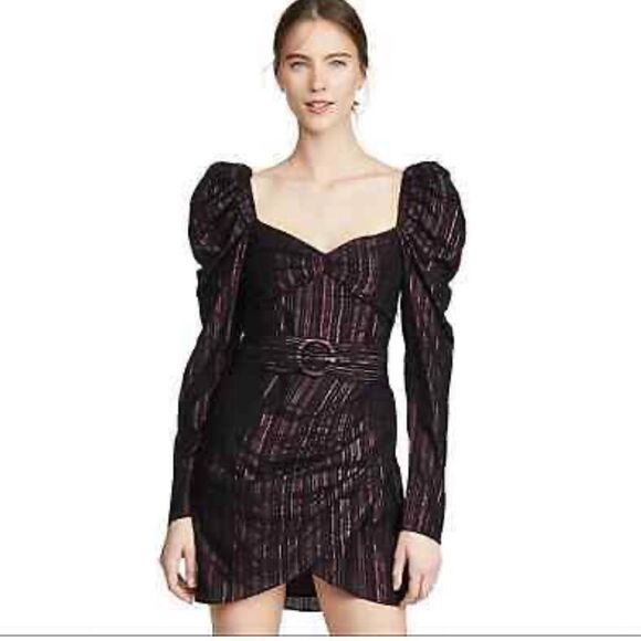 Rococo Sand Women’s Metallic Stripe Puff Sleeve Diva Mini Dress Size Medium - Picture 1 of 14